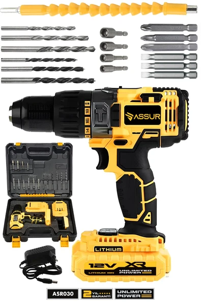 Assur 12V 1.5Ah Metal Şanzıman Çift Akülü Bakır Sargı 24 Parça Şarjlı Matkap Akülü Vidalama