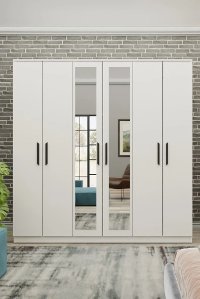 Metalia GM 081 Favorite 6 Kapılı Aynalı Beyaz Siyah Kulplu Gardırop