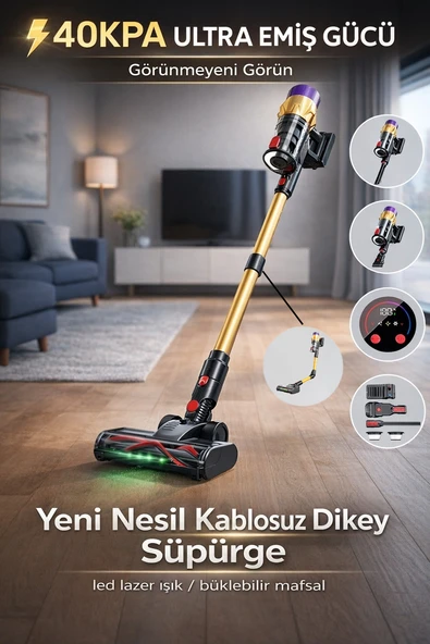 Şarjlı Dikey Süpürge 650 Watt Fırçasız Motor 40 KpA Torbasız Hazne Bükülebilir Mafsal Led Lazer Işık 9.599 TL **Sepete Özel**